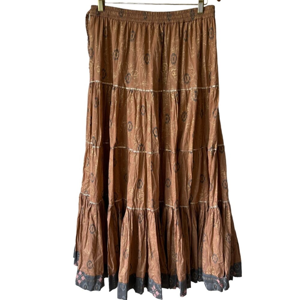 Cottagecore Boho Y2K Maxi Skirt Sz Sm-Md Floral Neutral Tiered Broomstick Lined